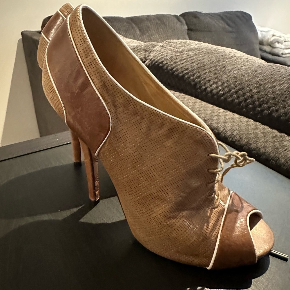 L.A.M.B. Brown Lace-Up Peep-Toe Heels